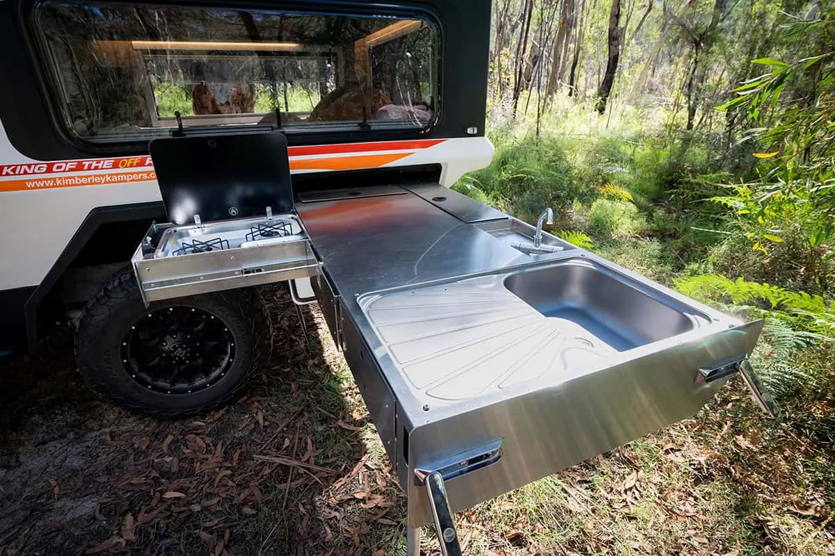 Kube slide-out stainless steel kitchen with sink and cooker
